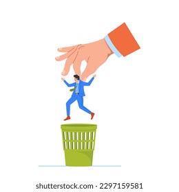 Heartless Business Concept Huge Boss Hand Throwing Staff Male Character In The Trash, Reducing Personnel With No Regard