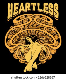Sin corazón. Ilustración vectorial hecha a mano de una mujer bonita con adorno abstracto y letra manuscrita. Obra creativa de tatuajes. Plantilla para tarjeta, afiche, banner, imprimir para t-pantalones, pin, placa.