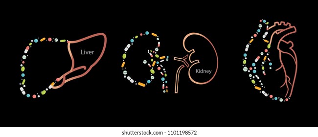 Heart,Liver,Kidney Icon Set On A Black Background