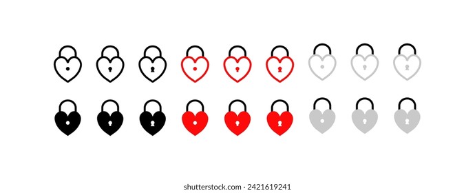 Heart-lock icons set. Linear, flat and silhouette style. Vector icon