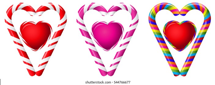 Heart,lollipop.Valentines day,easter,wedding heart shaped sweet candy lollipop isolated white background.new year,merry christmas,holiday card,banner.Love hearts.Vector illustration.8 march women day