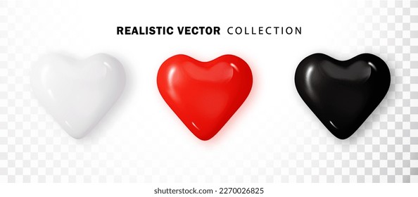 Hearts 3d realistic set. Black, red, white glossy hearts. Symbol love heart shape isolated. Vector object for Valentine s Day design, mockup.