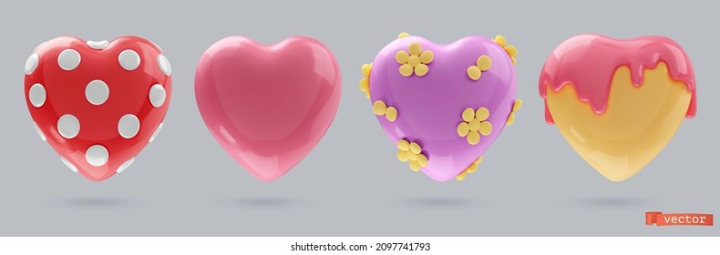 Hearts. 3d render vector icon set. Valentine day decorations