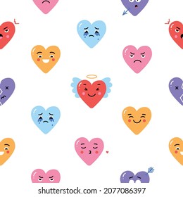 Hearts abstract Icons seamless Pattern on white background. Funny comic Faces with various Emotions in hearts. Different colorful characters. Cartoon style. Flat design. 