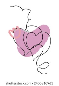 Hearts with abstract pink spots. Line art, one stroke, continuous line. Postcard, valentine, congratulation, Valentine's Day. Vector