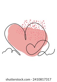 Hearts with abstract pink spots. Line art, one stroke, continuous line. Postcard, valentine, congratulation, Valentine's Day. Vector
