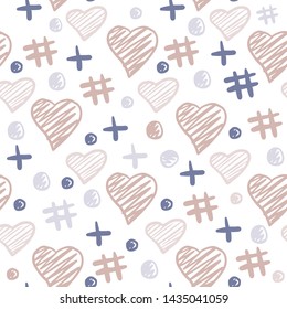 Hearts and abstract shapes elements seamless pattern. 14 february. wallpaper. Valentine s Day backdrop. Hand drawn ornament, texture. Wedding template Vector illustration