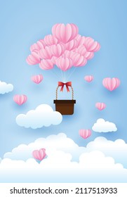 Hearts air balloon in the sky, valentine day , paper art style, vector design.