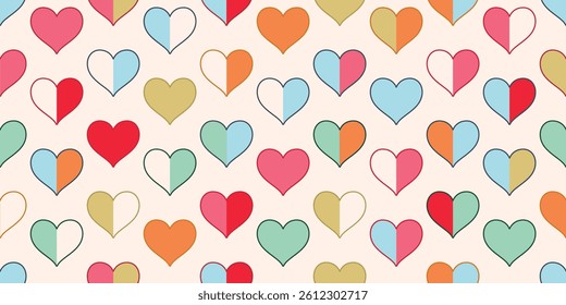 Hearts are all outlined in black and filled with various combinations of colors, including red, orange, yellow, green, blue, and pink.