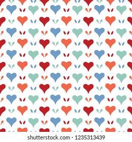 Hearts All Over Print Vector. Romantic Love Heart Seamless Repeating Pattern in Folk Art Style on White Background. Hand Painted Wrapping, Wallpaper, Stationery, Weddings, Valentines Day Packaging.