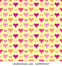 Hearts All Over Print Vector. Romantic Love Heart Seamless Repeating Pattern in Folk Art Style on Yellow Background. Hand Painted for Prints, Wallpaper, Stationery, Weddings, Valentines Day Packaging.
