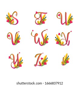 Hearts alphabet set. Stuvwxyz gradient letters set. Isolated curly lettering type characters using patterns and flower leaves. Vector illustration font for cards banners tags journals and logos.
