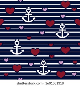 Hearts and anchors in a seamless nautical repeat pattern, romantic seamless background, horizontal white stripes on navy, sailing and dating