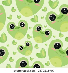 hearts with animal design namely green frog design in the shape of a heart and green hearts on a green background, valentine's day pattern