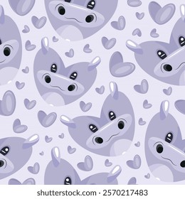 hearts with animal design namely purple hippopotamus heart design and purple hearts on purple background valentines day pattern