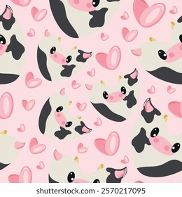 hearts with animal design, namely spotted cow design in heart shape and carnation hearts on pink background, valentine's day pattern