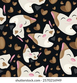 hearts with animal design, namely with a white cat heart-shaped design and brown hearts on a black background, Valentine's Day pattern
