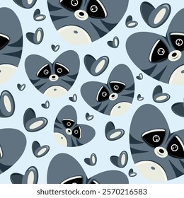 hearts with animal designs namely blue raccoon heart shaped design and blue hearts on blue background valentines day pattern