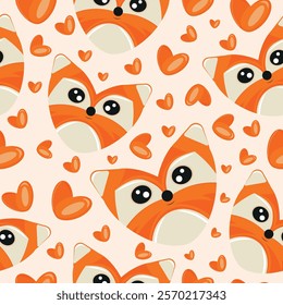 hearts with animal designs, namely with an orange fox heart-shaped design and orange hearts on an orange background, Valentine's Day pattern