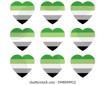 Hearts with Aromantic flag, icon set. Aromantic pride day. LGBT sexual minorities. Collection of icons of hearts isolated on white background for banner and  poster. Vector illustration