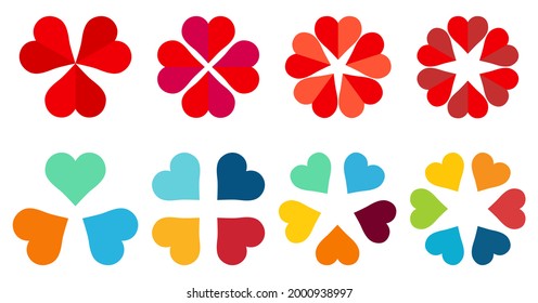 Hearts arranged in circle forming flower like shape three to six icon version - can be used as infographics element