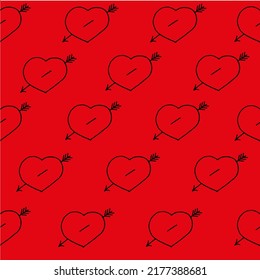 Hearts with an arrow drawn black marker on red paper. Valentine's day concept. Hearts background. Seamless pattern with heart.