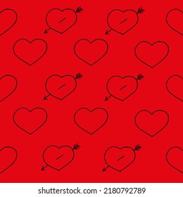 Hearts with an arrow drawn black marker on red paper. Valentine's day concept. Hearts background. Seamless pattern with heart.