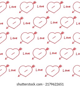 Corazones con un marcador rojo dibujado con una flecha sobre el papel blanco con inscripción amor, concepto del día de San Valentín. Antecedentes cardíacos. Patrón sin brillo con el corazón.