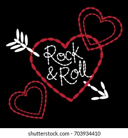 Hearts and Arrow Girls T-shirt Embroidery Text and Icon Set - Fashion Artwork - Rock & Roll - Black, Red, White