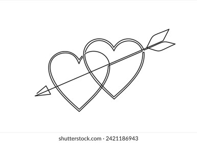 Hearts and arrow in one line. vector illustration. Valentine's day, minimalistic hearts in one line, love symbol, cupid symbol