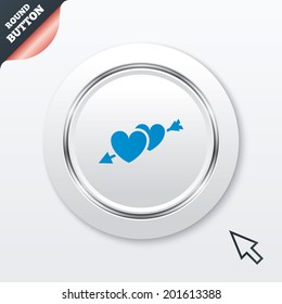 Hearts with arrow sign icon. Love symbol. White button with metallic line. Modern UI website button with mouse cursor pointer. Vector