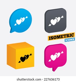 Hearts with arrow sign icon. Love symbol. Isometric speech bubbles and cube. Rotated icons with edges. Vector