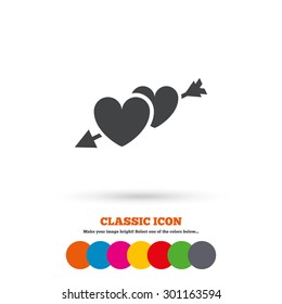 Hearts with arrow sign icon. Love symbol. Classic flat icon. Colored circles. Vector