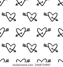 Hearts with Arrows Love Romantic Seamless Pattern, Valentines Day Background Texture. Wallpaper, Minimal Textile Print Design Vector Illustration, Vintage Retro Style