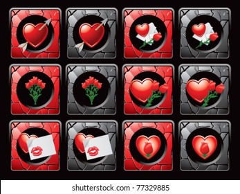 Hearts with arrows, hearts and roses, hearts and love notes, and bouquet of roses