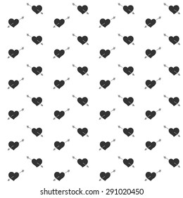 Hearts and arrows seamless pattern hand drawing. Black and white background vector illustration