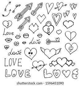 hearts arrows sponges pierced heart lightning doodles hand-drawn for february 14 valentines day vector stock illustration on a white isolated background lettering love.lock key hearts with pattern set