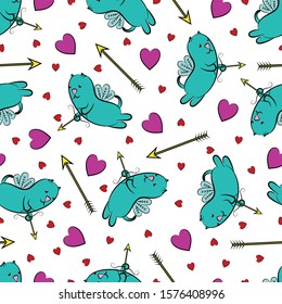 Hearts, arrows and winged cats. Valentine's day background. Pink hearts, golden arrows and winged cats with arrows and bows. Design element. Vector illustration.