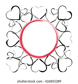 Hearts background with blank space in the center. Vector frame of black hearts located around of red circle in white square background. Suitable for greeting cards. Vector illustration in EPS8 format.