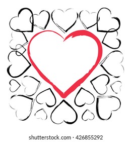 Hearts background with blank space in the center. Vector frame of black hearts located around of red heart in white square background. Suitable for greeting cards. Vector illustration in EPS8 format.