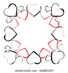 Hearts background with blank space in the center. Vector frame of black and red hearts located at the edges of white square background. Suitable for greeting cards. Vector illustration in EPS8 format.