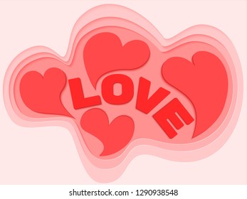 Hearts background design for Valentine's day. Vector symbols of love in shape of heart. Paper flying elements. Paper cut and craft style pastel background. Template design for posters, banners, flyers