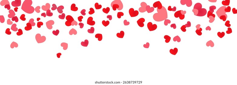 Hearts background, flying, falling down, floating. Red hearts scattered on white background. Lovable valentine hearts vector illustration.