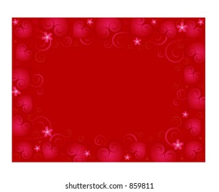 Hearts Background - A free-form border of hearts, flowers and swirls on red.