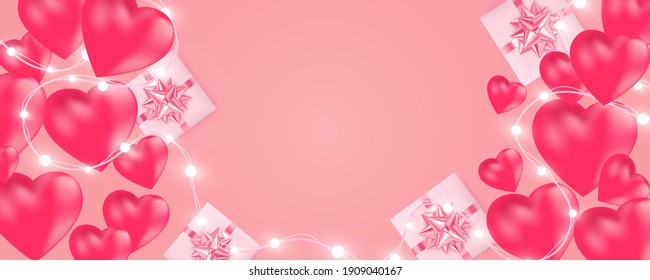 Hearts background. Happy Valentine's Day banner with shining lights garland, light bulbs, hearts, gift box on pink background. Valentine's Day card. Heart pattern.