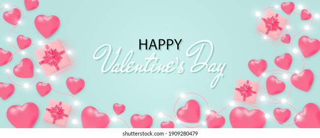 Hearts background. Happy Valentine's Day banner with shining lights garland, light bulbs, hearts, gift box on blue background. Valentine's Day card. Heart pattern.