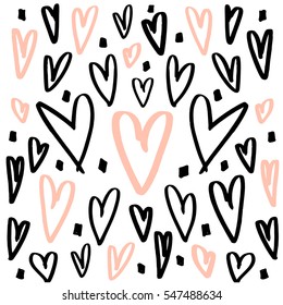 Hearts background made with brush. Expressive romantic hand drawn hearts. Vector Illustration