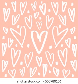Hearts background made with brush. Expressive romantic hand drawn hearts. Vector Illustration. 