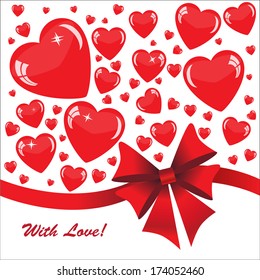 Hearts background with ribbon and bow on the white phone