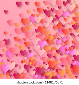  Hearts Background for your Design. Many Random Falling Hearts.  Valentines Background for Greeting Card, Invitation, Banner, Wallpaper, Flyer. Vector illustration.